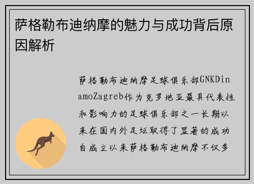萨格勒布迪纳摩的魅力与成功背后原因解析 萨格勒布迪纳摩的魅力与成功背后原因解析