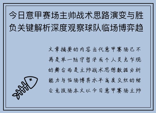今日意甲赛场主帅战术思路演变与胜负关键解析深度观察球队临场博弈趋势